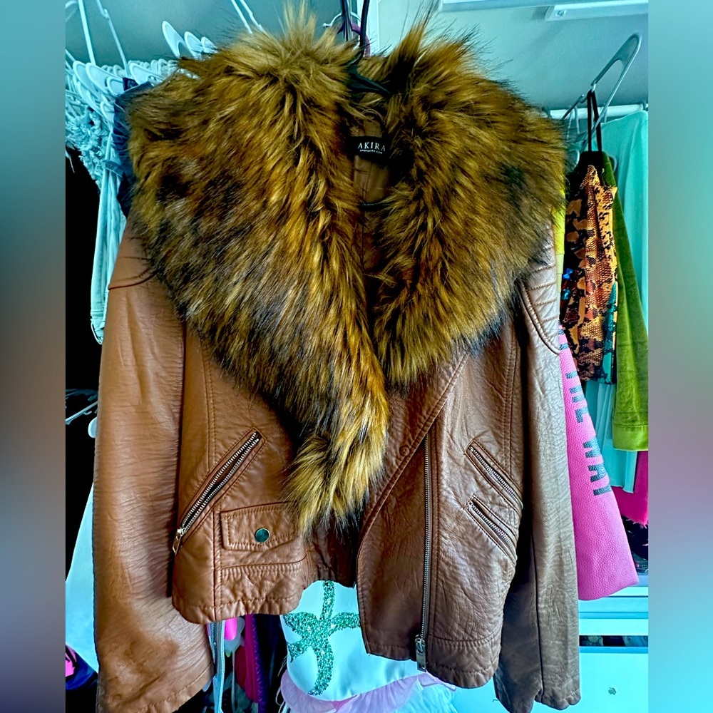 Akira leather fur trim jacket